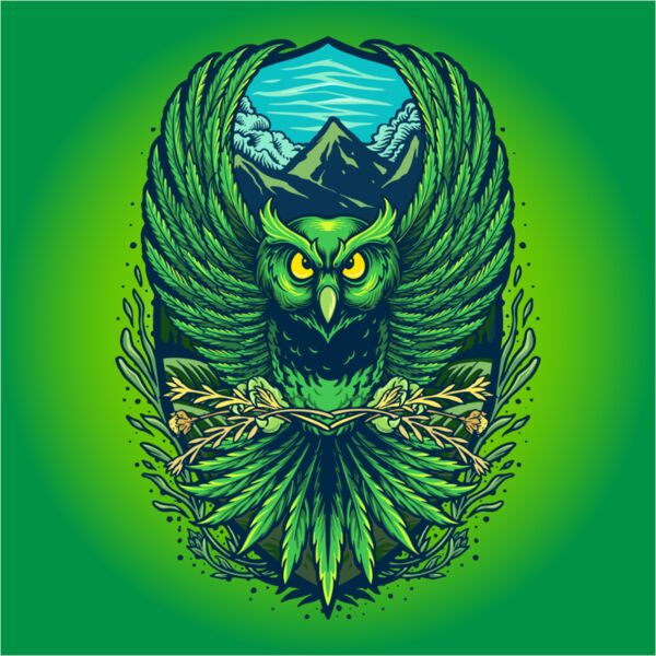 owl flying with weed leaves mountain forest logo illustration Thumbnail
